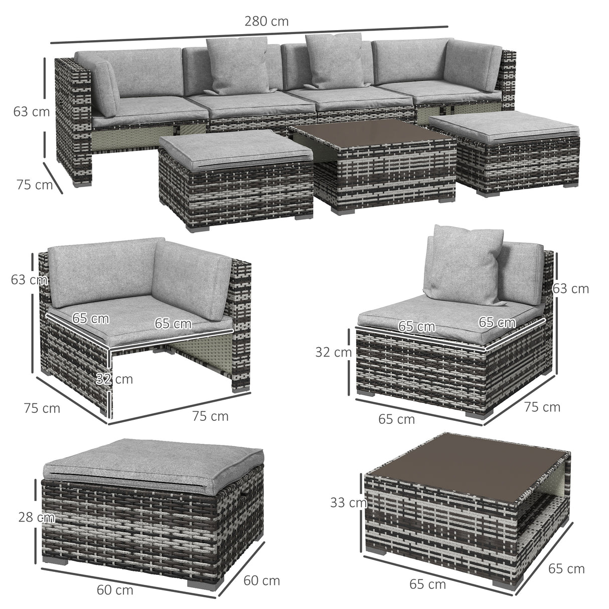 Poly Rattan 7 Pieces Garden Sofa Set With Coffee Table And Footstools - Velmora