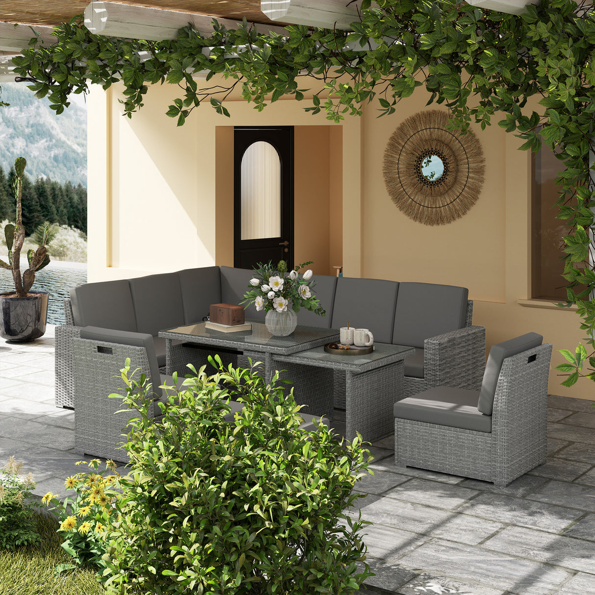 Poly Rattan 7 Pieces Garden Sofa Set With Expanding Glass Top Table - Velmora