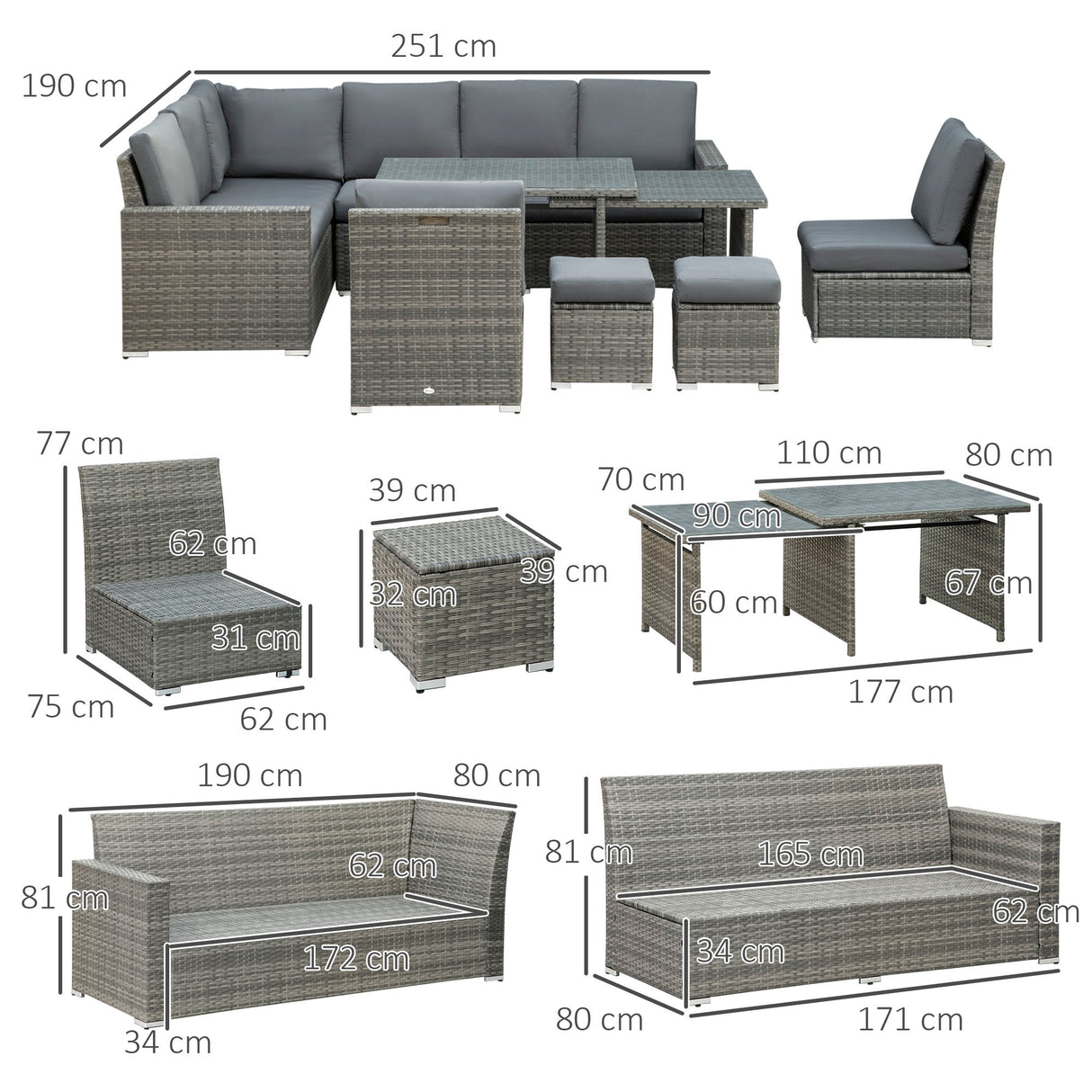 Poly Rattan 7 Pieces Garden Sofa Set With Expanding Glass Top Table - Velmora