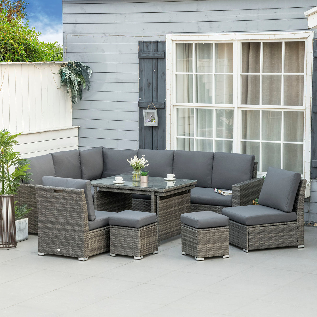 Poly Rattan 7 Pieces Garden Sofa Set With Expanding Glass Top Table - Velmora