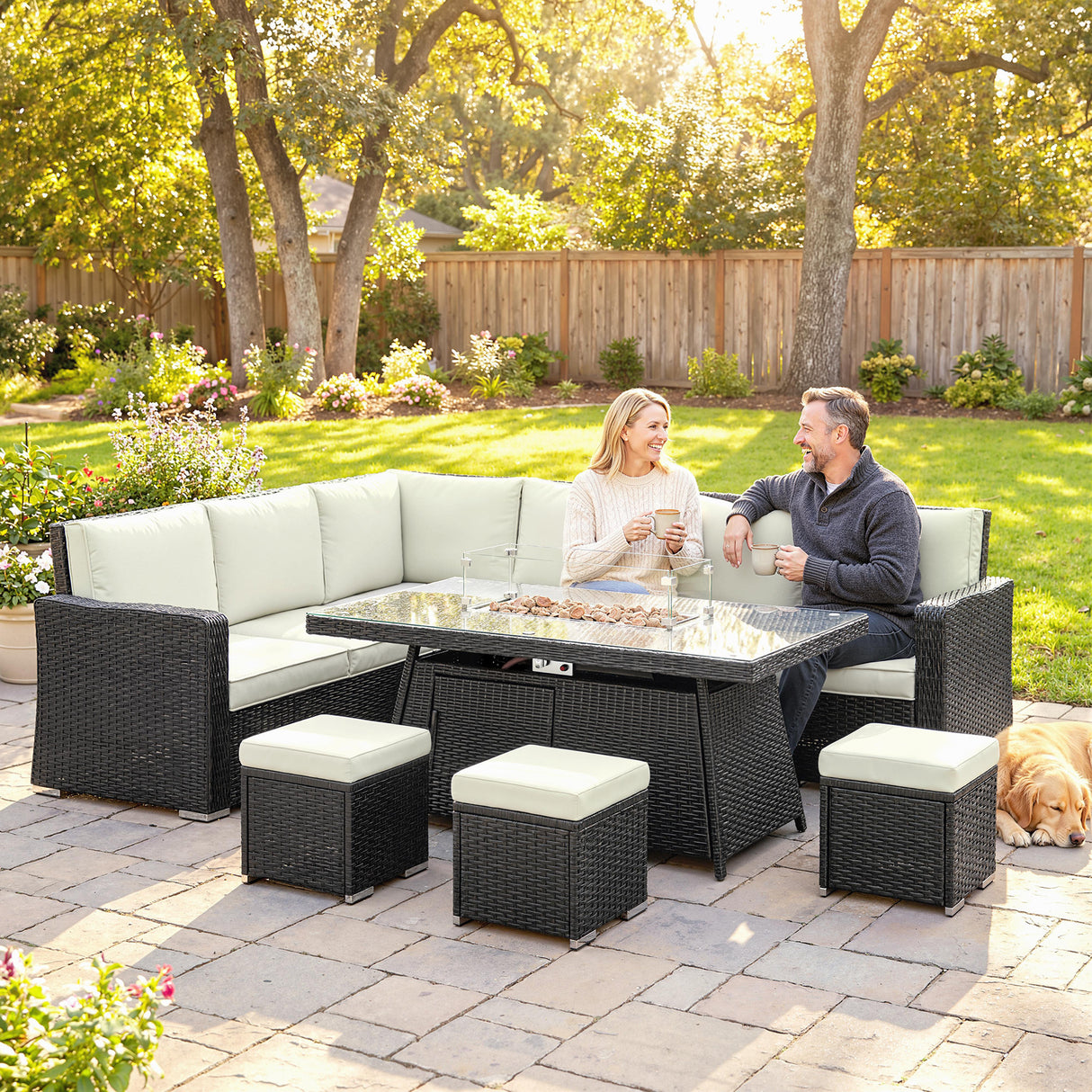 Poly Rattan 7 Pieces Garden Sofa Set With Gas Fire Pit Table - Velmora