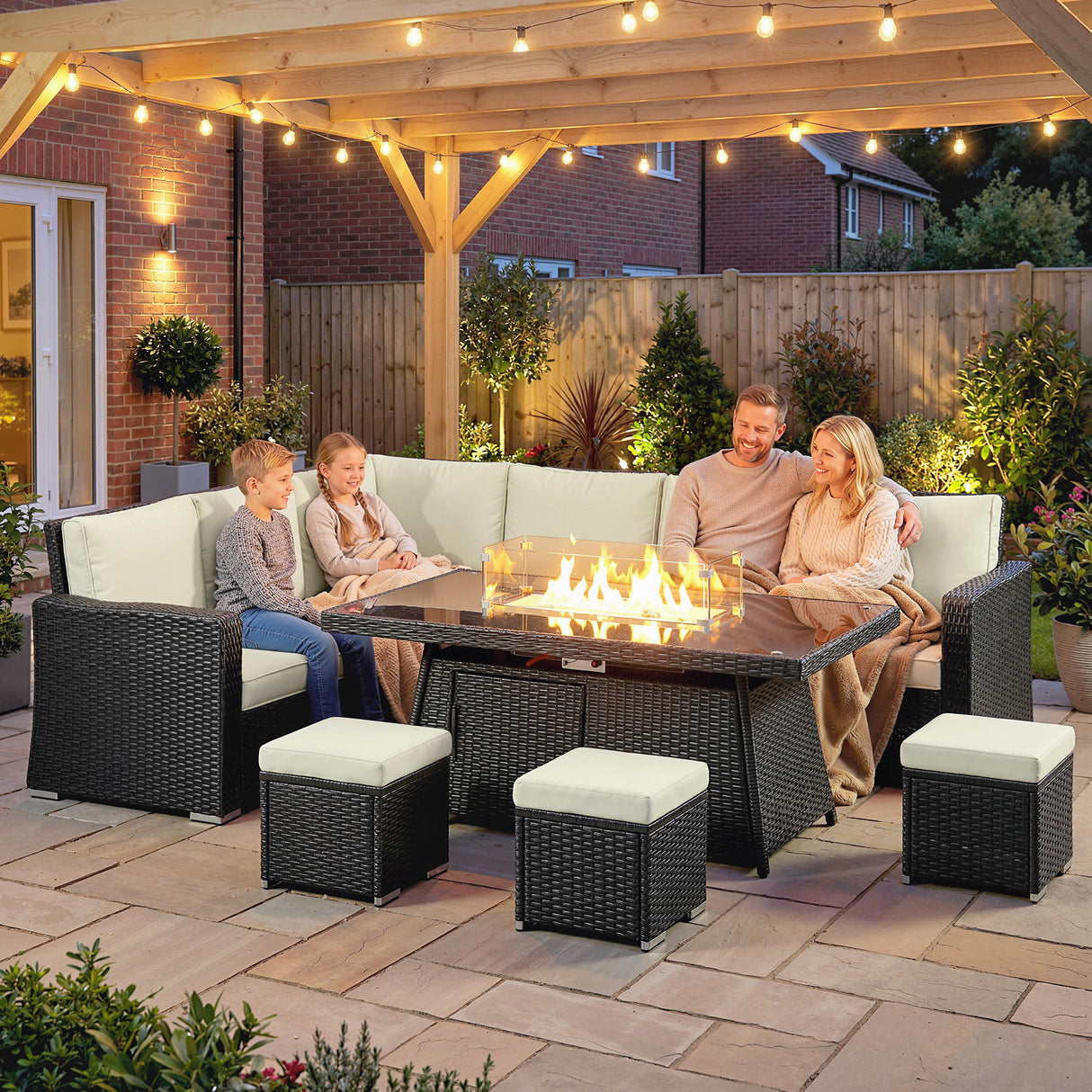 Poly Rattan 7 Pieces Garden Sofa Set With Gas Fire Pit Table - Velmora