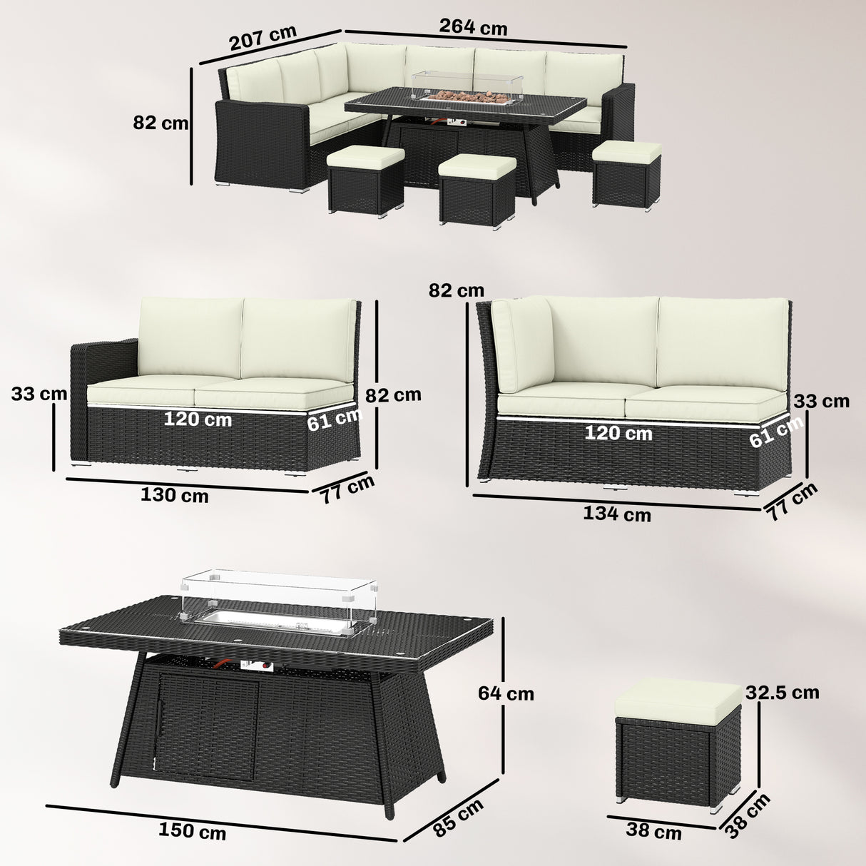 Poly Rattan 7 Pieces Garden Sofa Set With Gas Fire Pit Table - Velmora