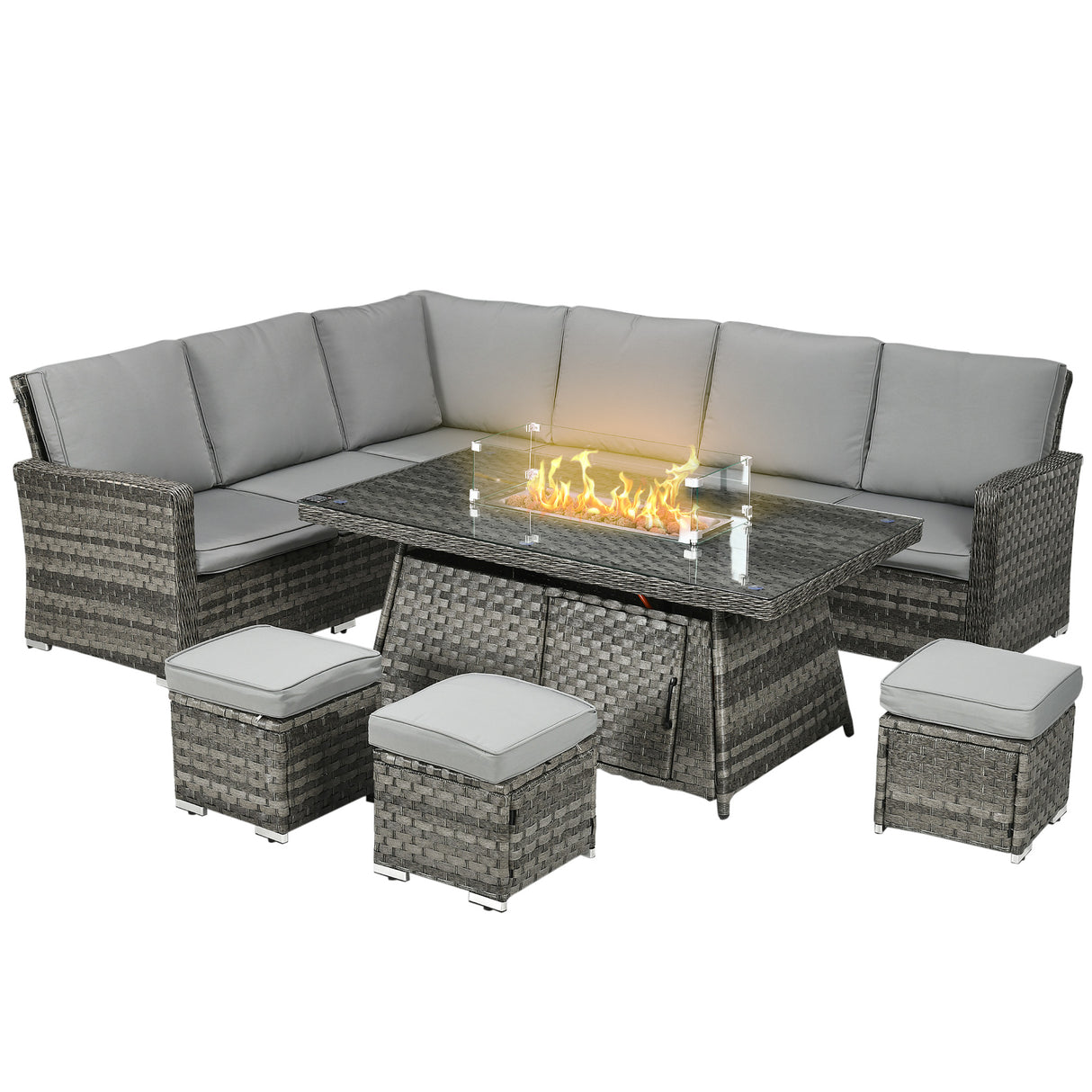 Poly Rattan 7 Pieces Garden Sofa Set With Gas Fire Pit Table - Velmora