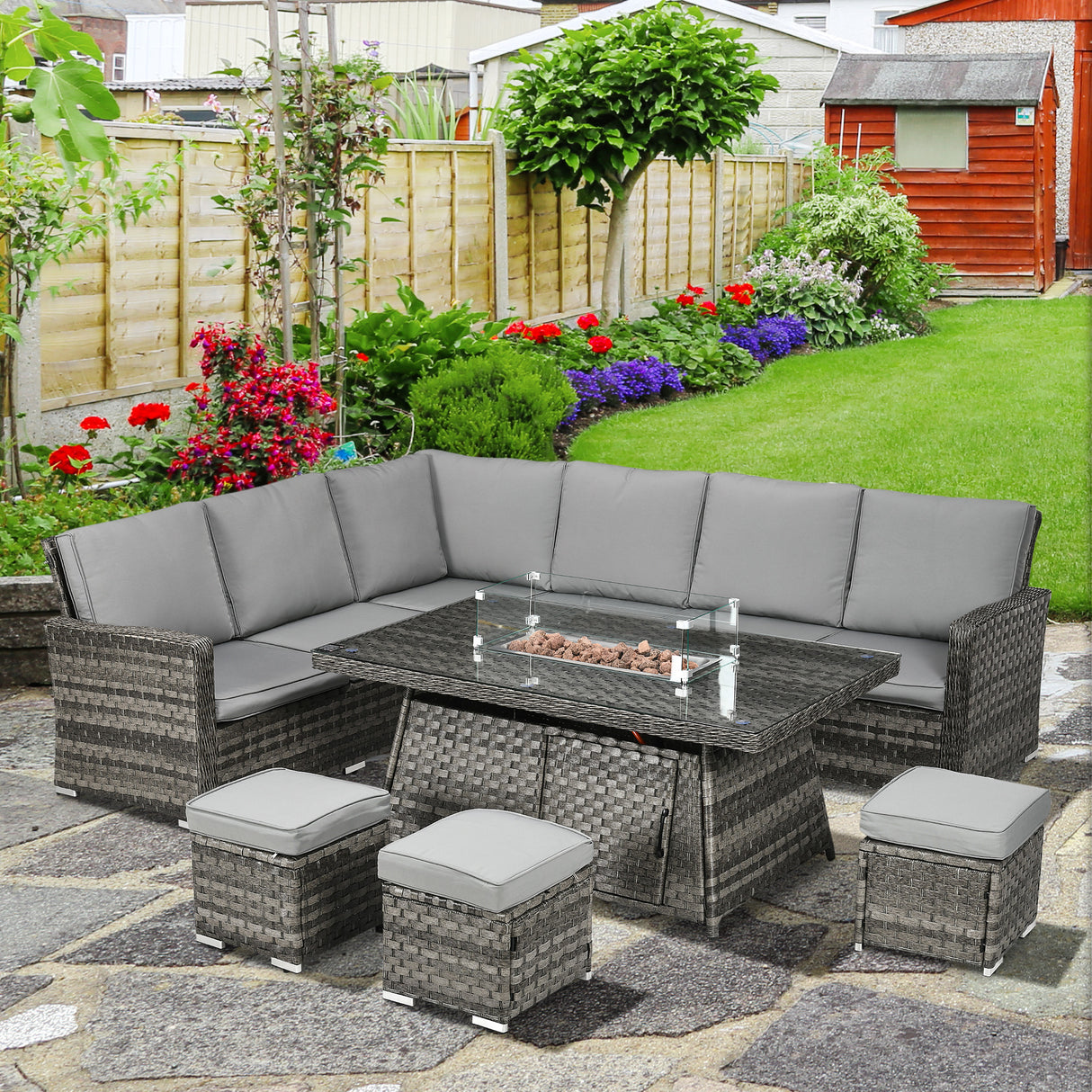 Poly Rattan 7 Pieces Garden Sofa Set With Gas Fire Pit Table - Velmora