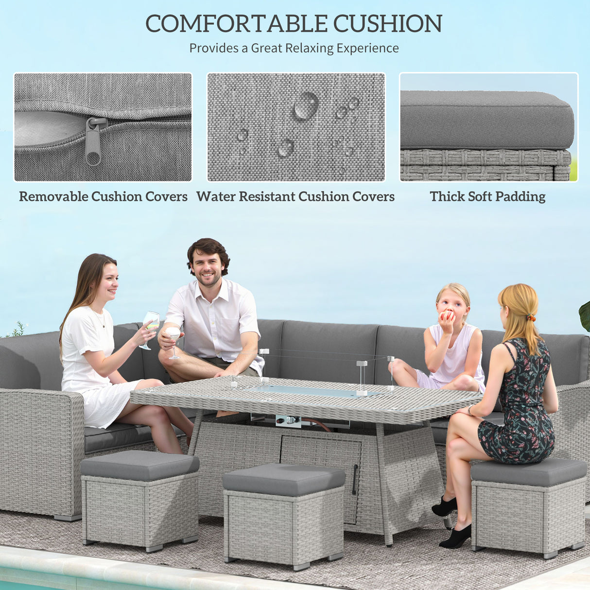 Poly Rattan 7 Pieces Garden Sofa Set With Gas Fire Pit Table - Velmora