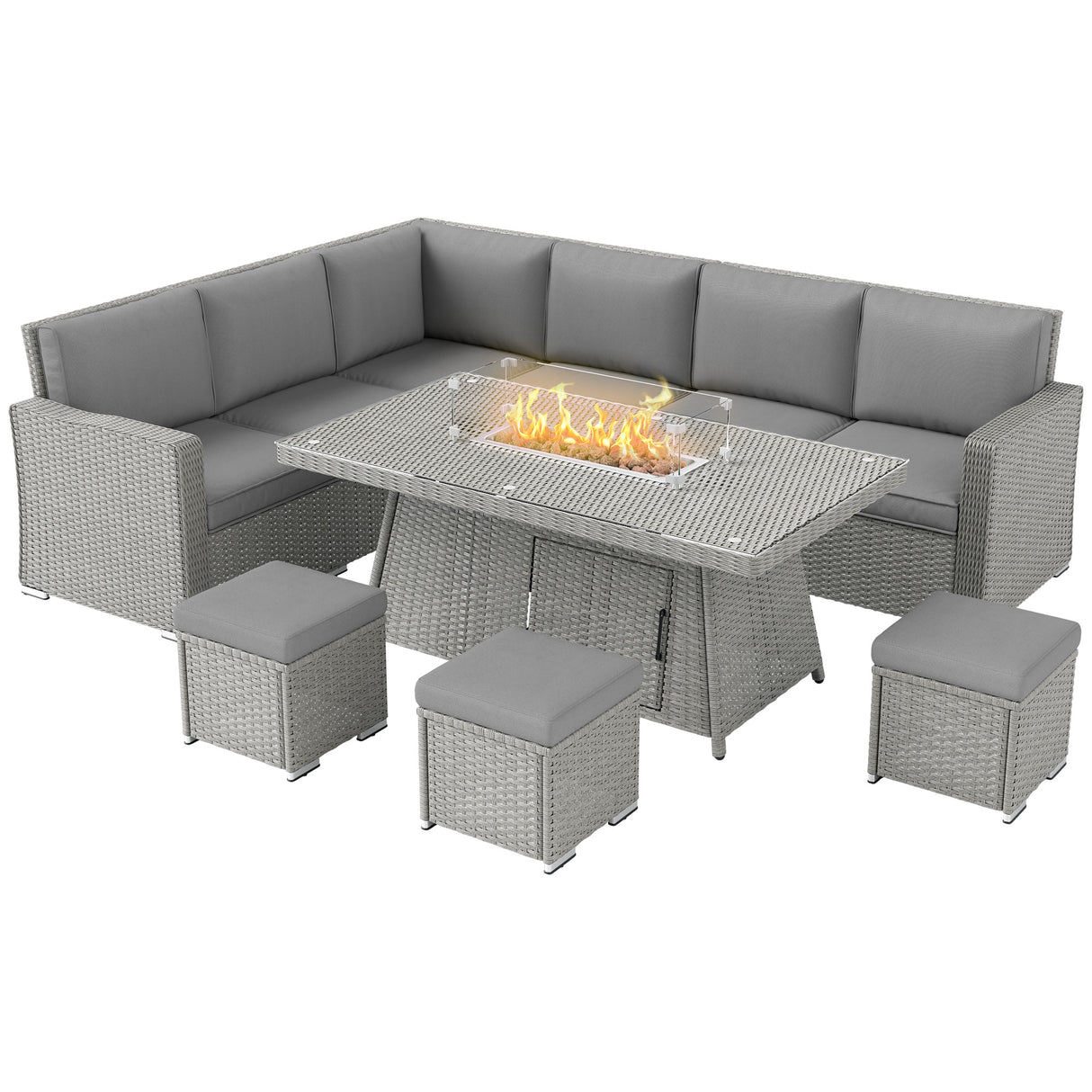 Poly Rattan 7 Pieces Garden Sofa Set With Gas Fire Pit Table - Velmora