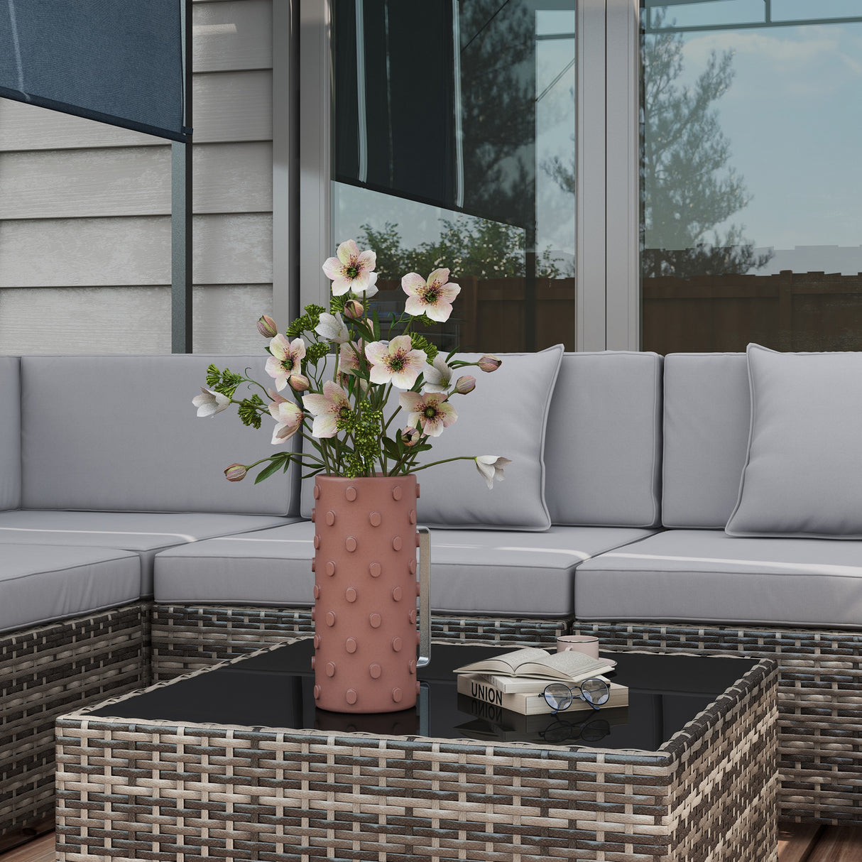 Poly Rattan 7 Pieces Garden Sofa Set With Square Glass Top Table - Velmora