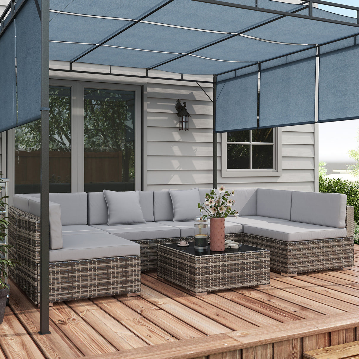 Poly Rattan 7 Pieces Garden Sofa Set With Square Glass Top Table - Velmora