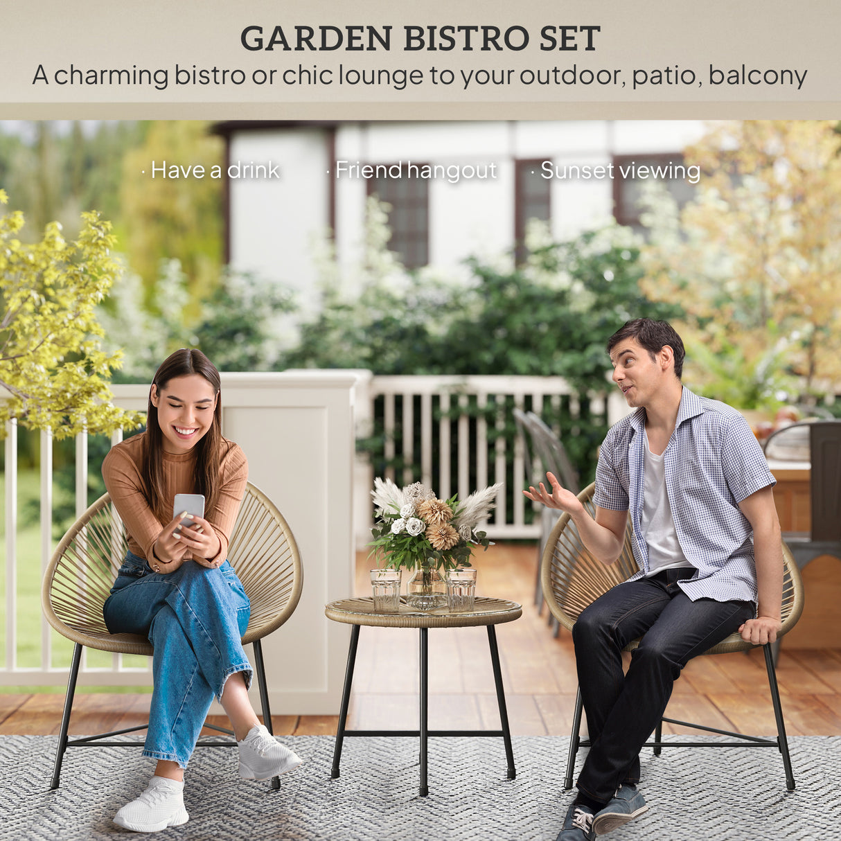 Poly Rattan Bistro Set With Acapulco Chairs and Round Glass Top Table - Velmora