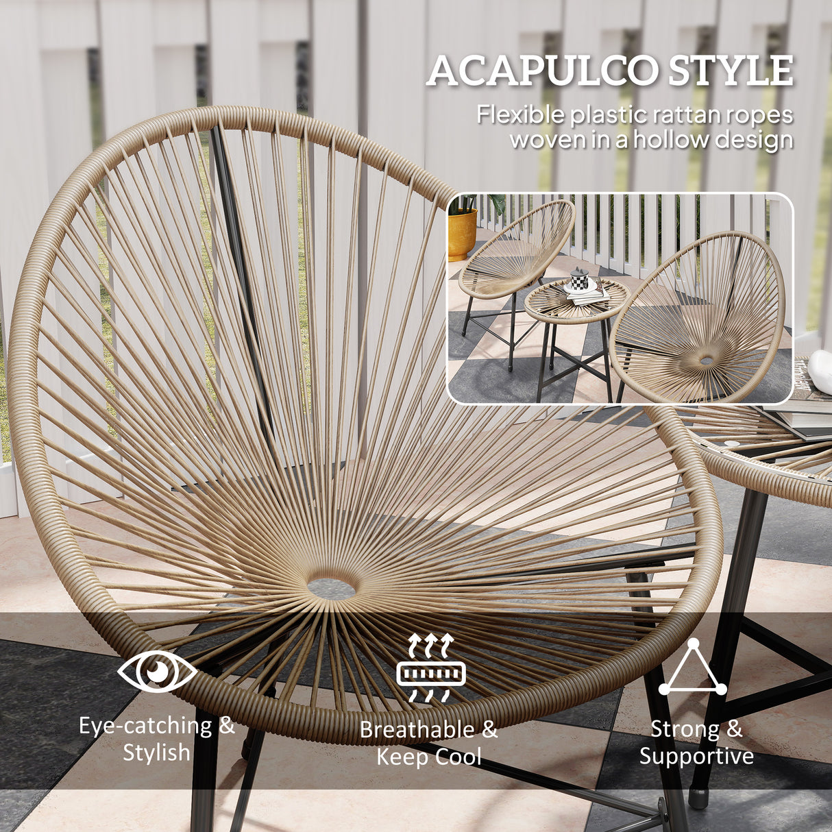 Poly Rattan Bistro Set With Acapulco Chairs and Round Glass Top Table - Velmora