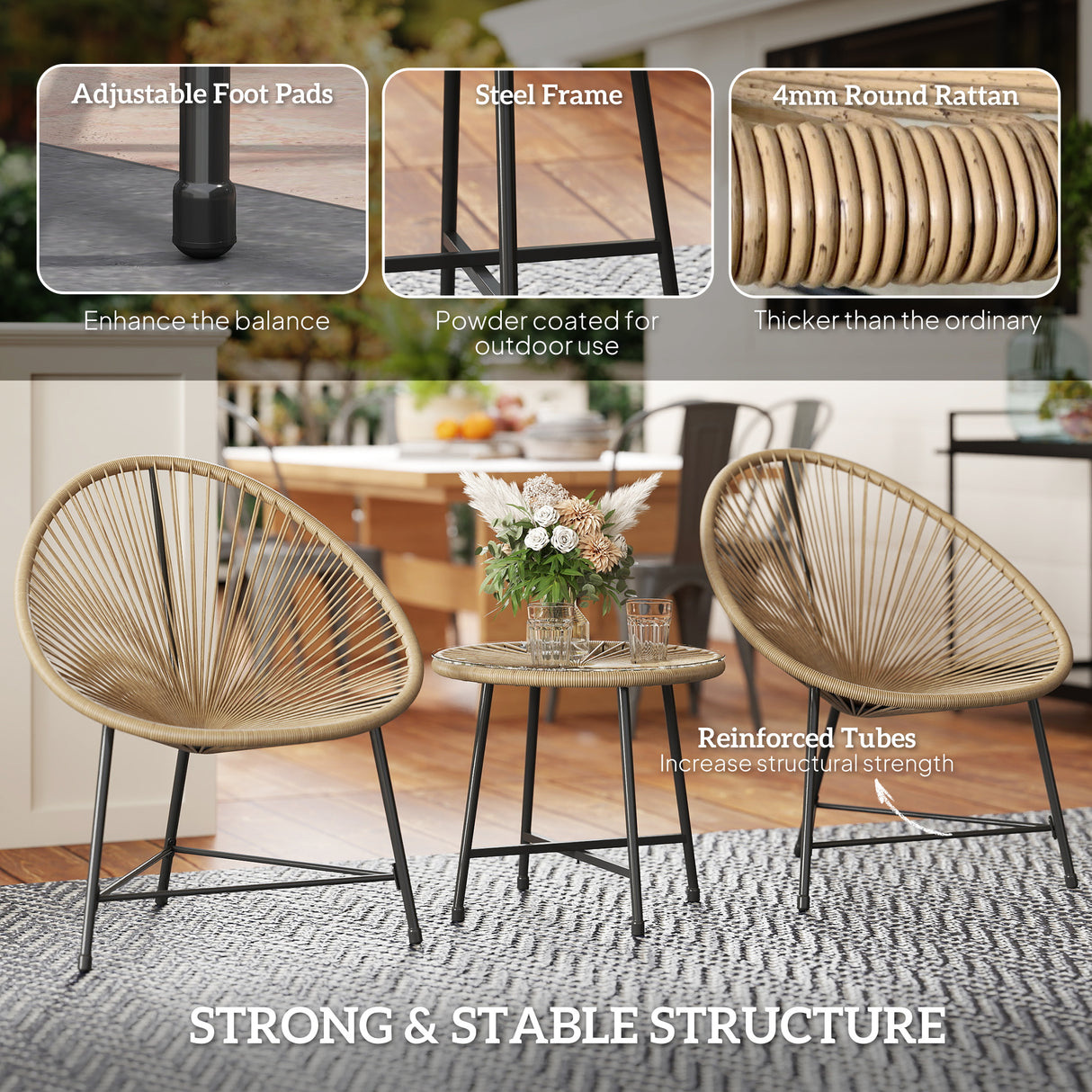 Poly Rattan Bistro Set With Acapulco Chairs and Round Glass Top Table - Velmora