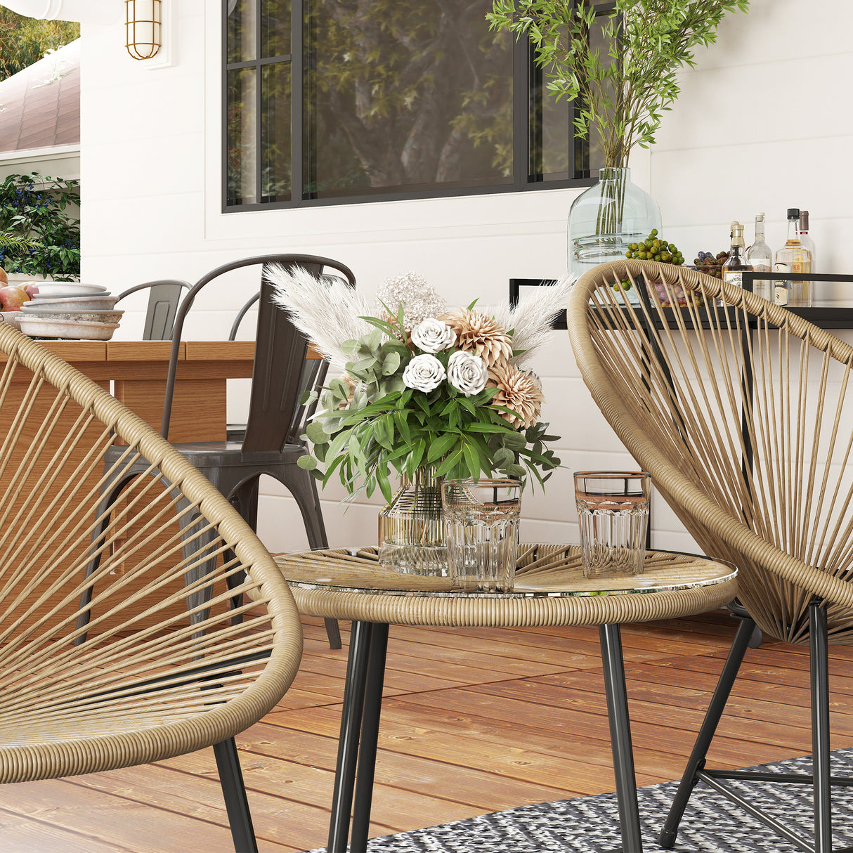Poly Rattan Bistro Set With Acapulco Chairs and Round Glass Top Table - Velmora