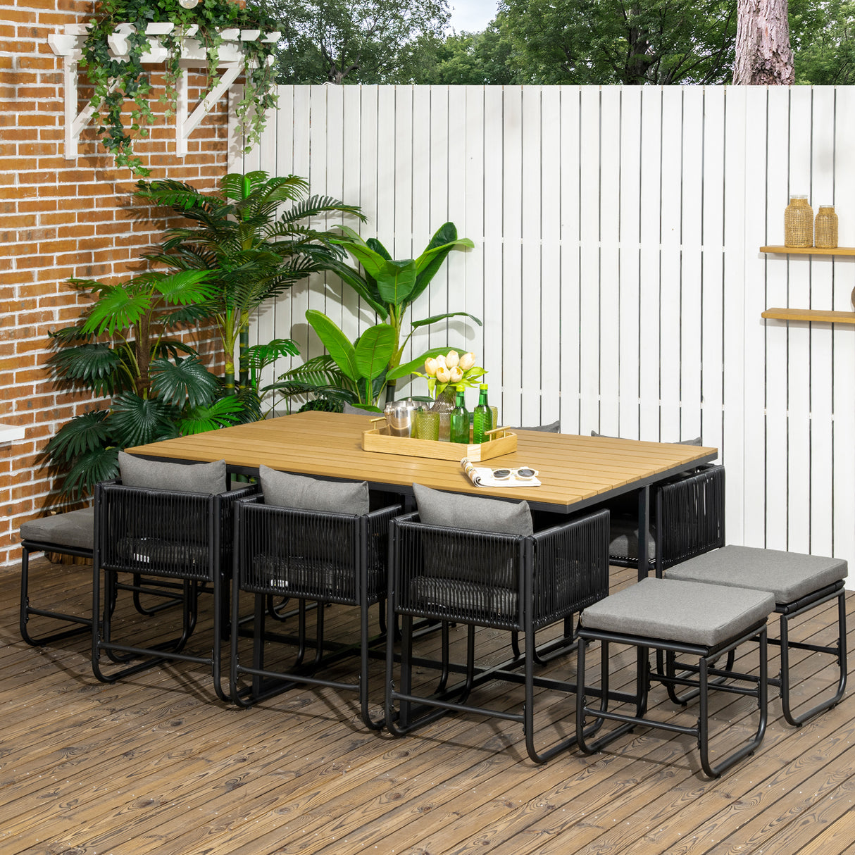 Poly Rattan Cube 10 Seater Garden Dining Set With Rectangular Table - Velmora