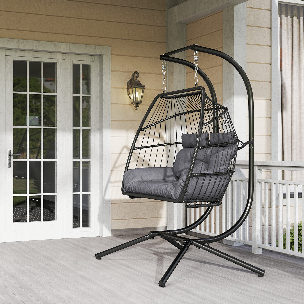Poly Rattan Foldable Wicker Double Hanging Egg wing Chair With Stand - Velmora