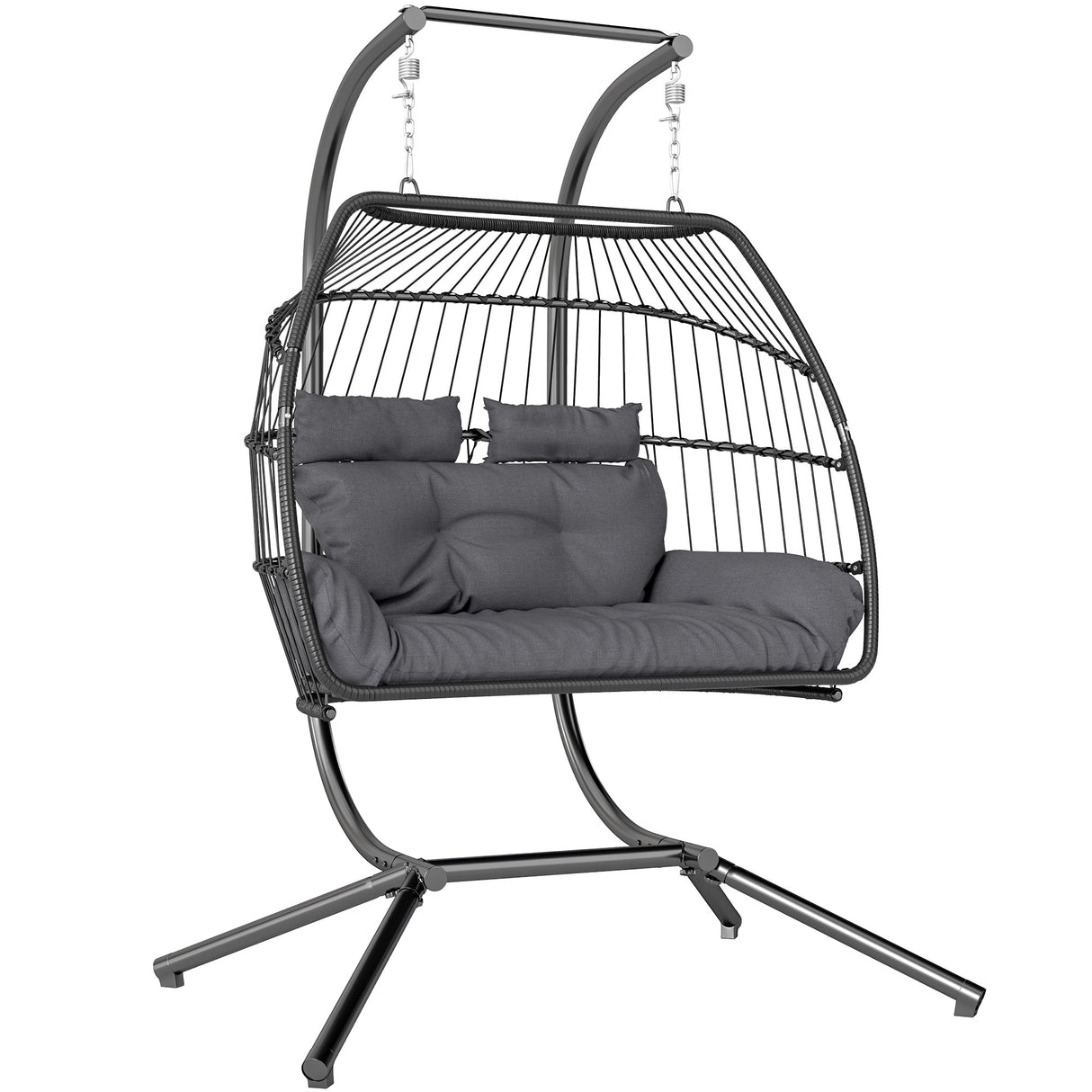 Poly Rattan Foldable Wicker Double Hanging Egg wing Chair With Stand - Velmora