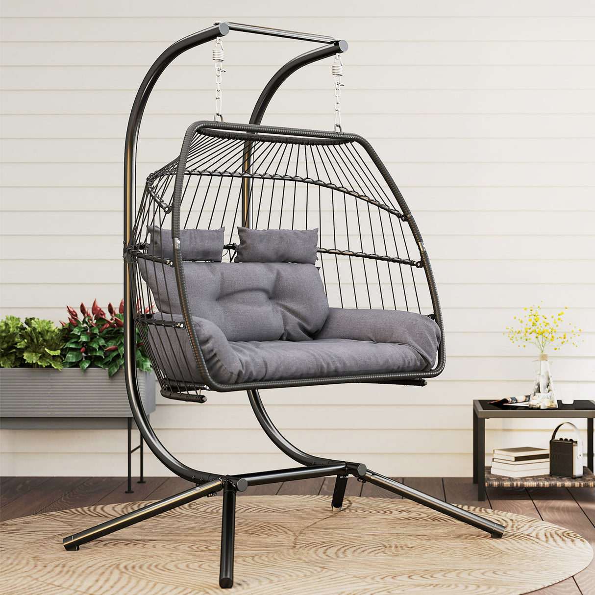 Poly Rattan Foldable Wicker Double Hanging Egg wing Chair With Stand - Velmora