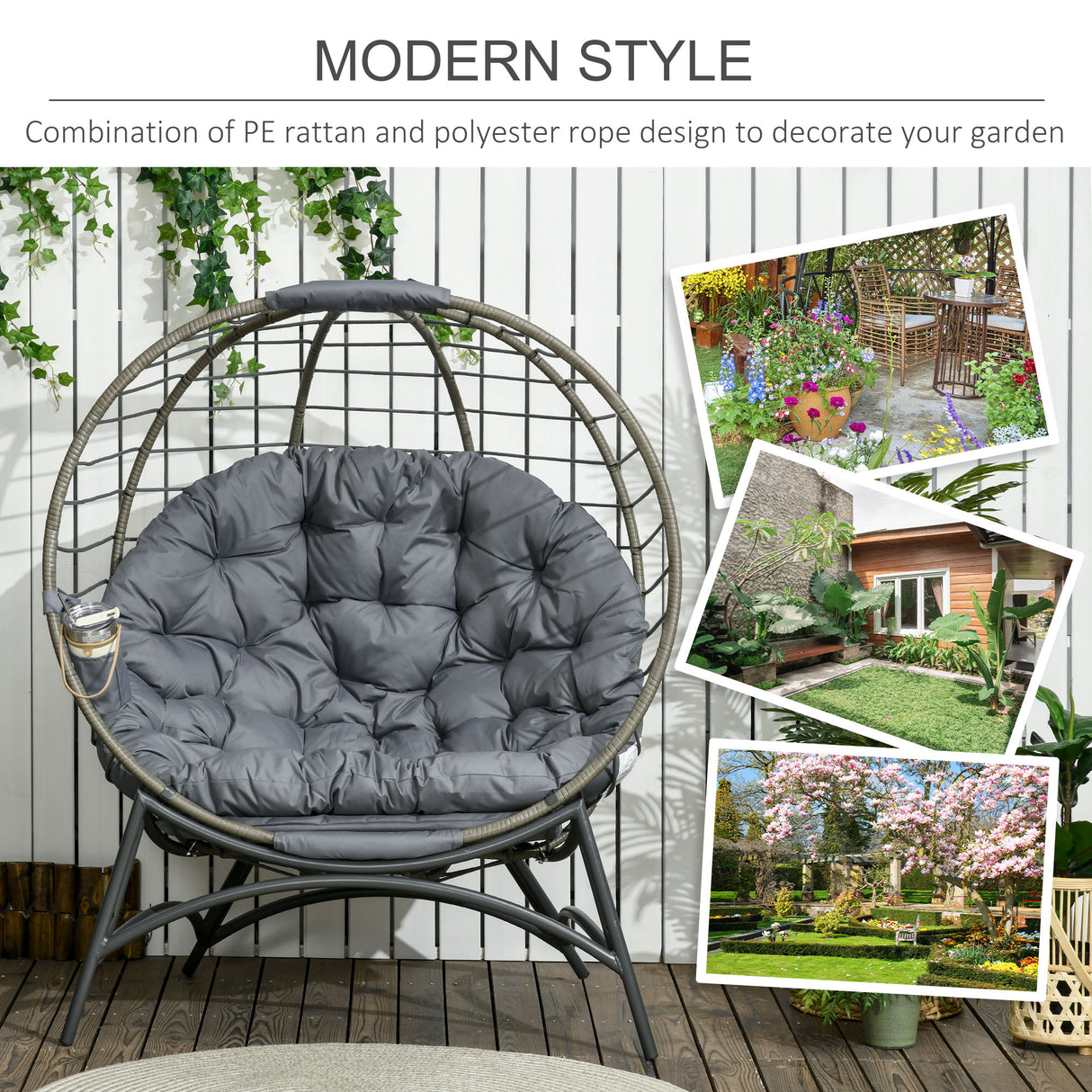 Poly Rattan Folding Egg Chair With Cushion And Bottle Holder Bag - Velmora