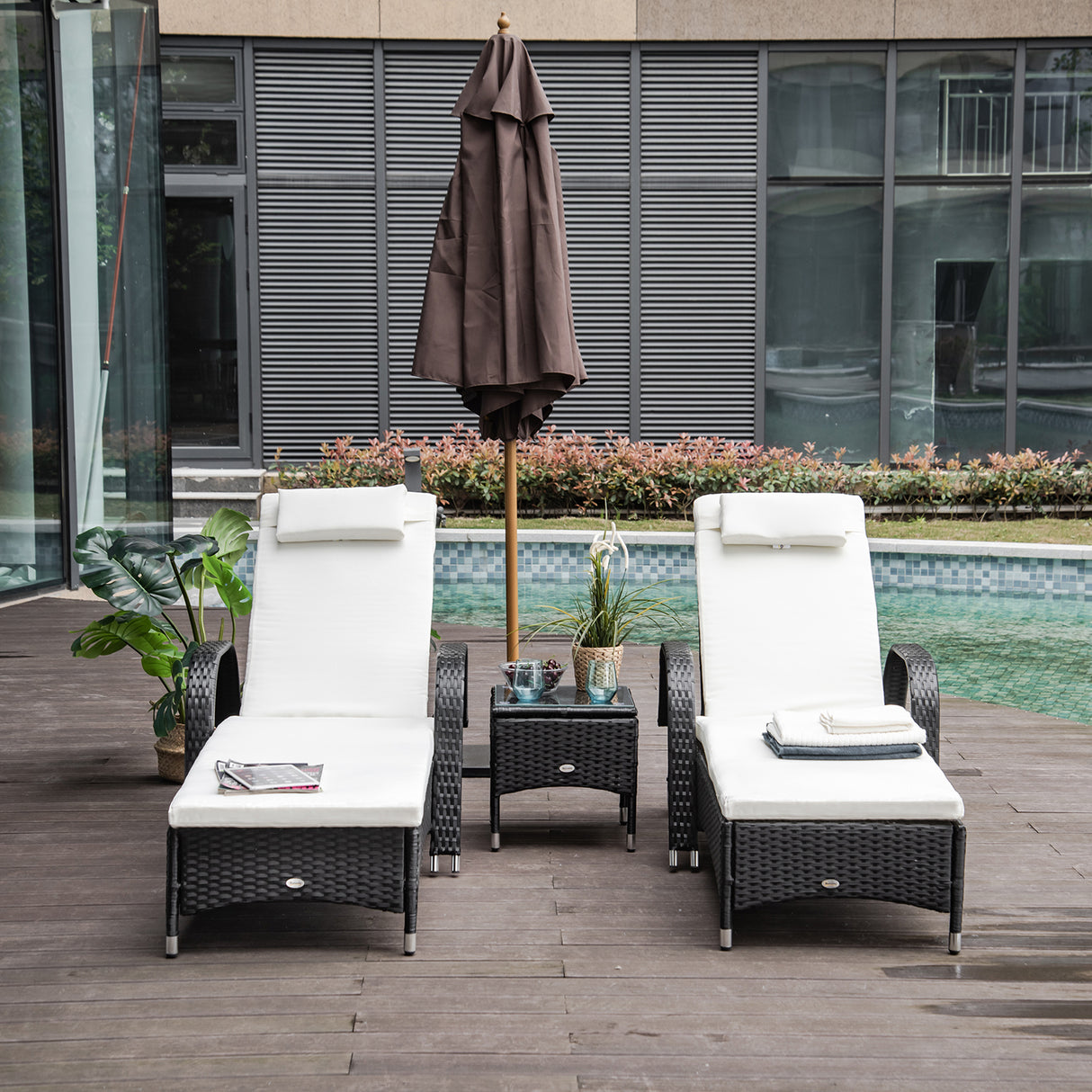 Poly Rattan Garden Sun Lounger in Set of 2 With Side Table - Velmora