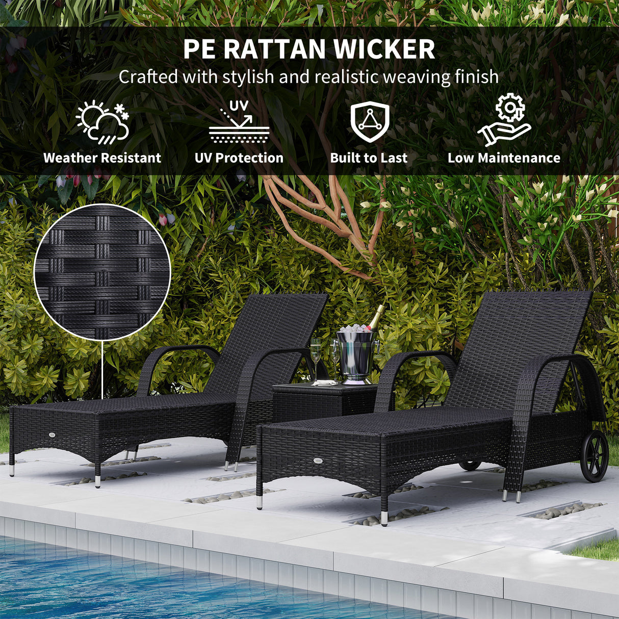 Poly Rattan Garden Sun Lounger in Set of 2 With Side Table - Velmora