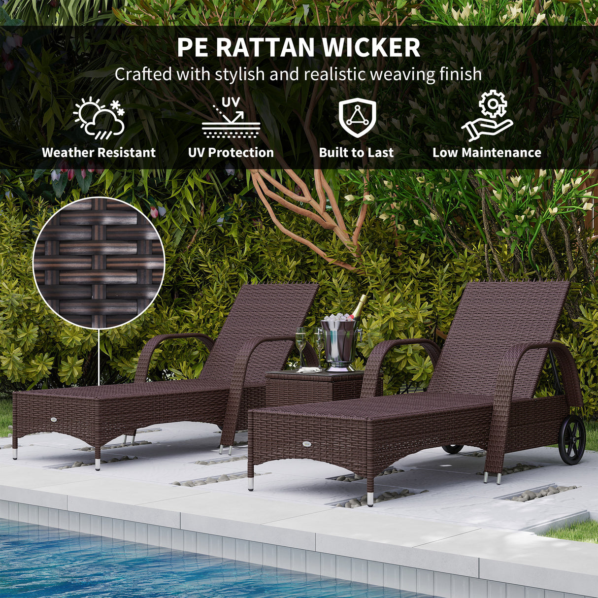Poly Rattan Garden Sun Lounger in Set of 2 With Side Table - Velmora