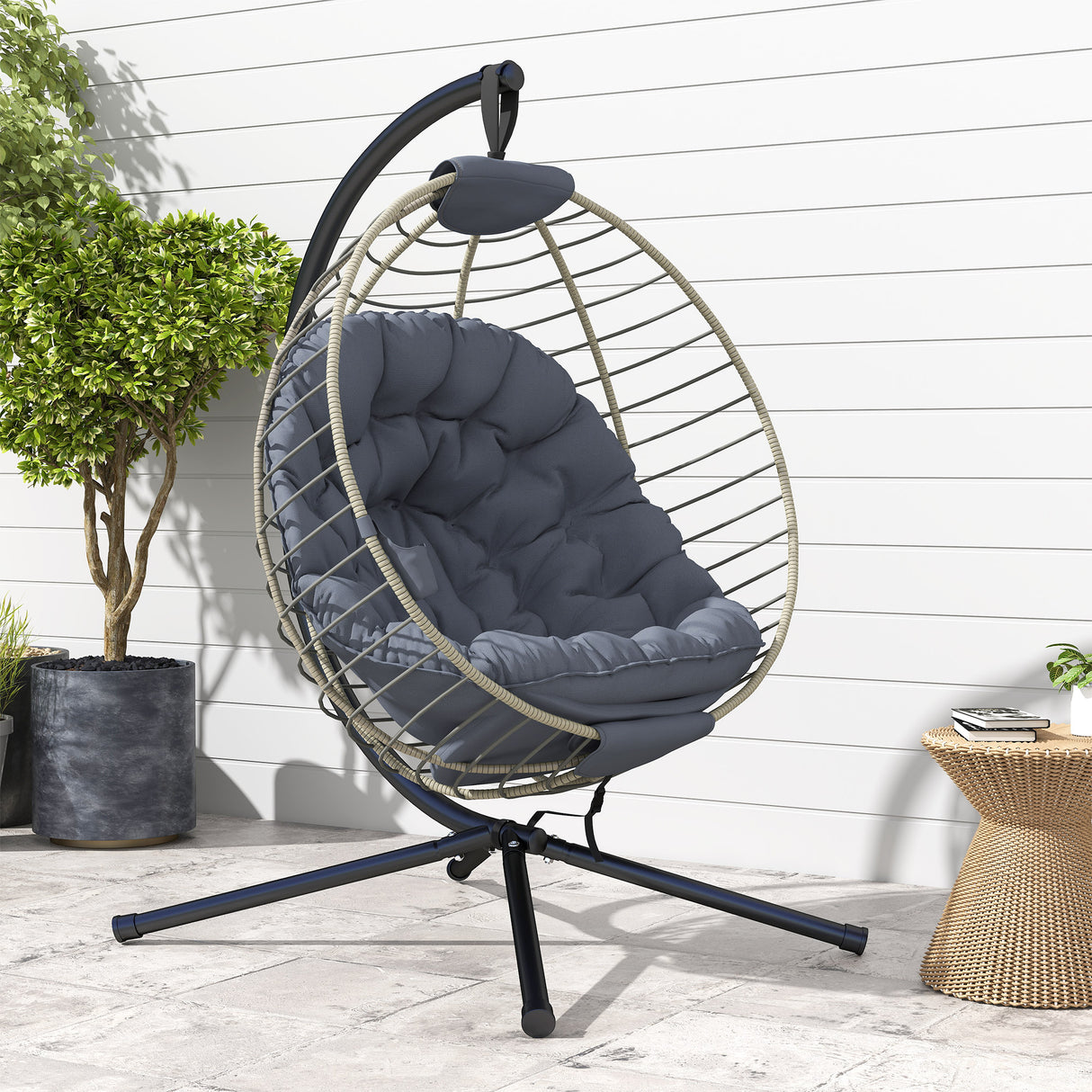 Poly Rattan Outdoor Swing Chair With Metal Stand With Thick Padded Cushion - Velmora