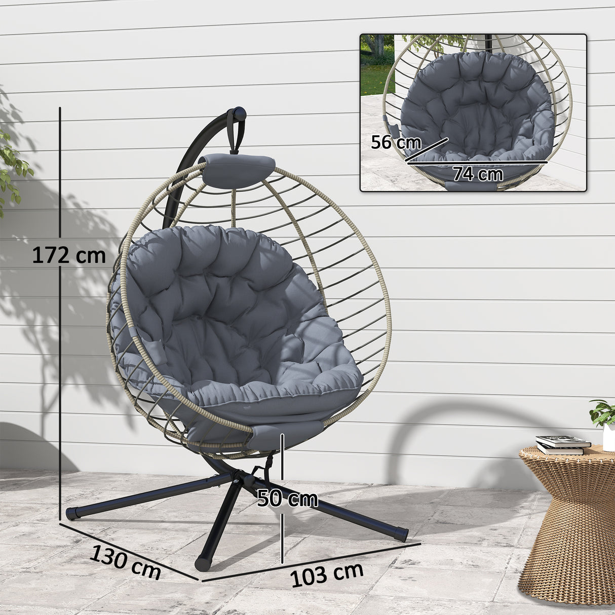 Poly Rattan Outdoor Swing Chair With Metal Stand With Thick Padded Cushion - Velmora