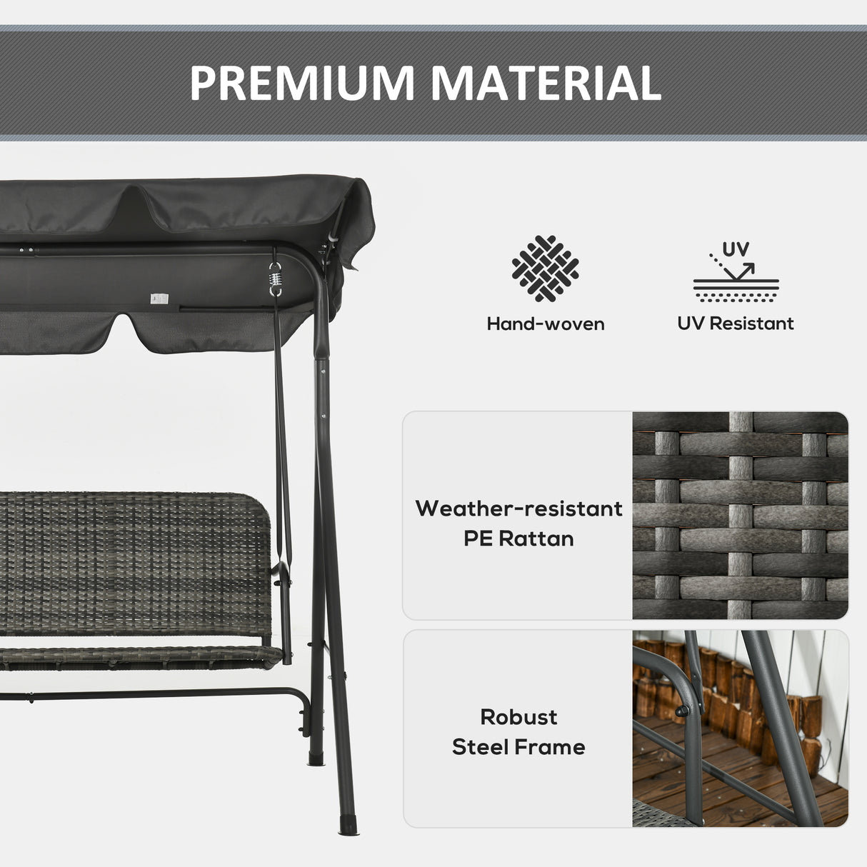 Poly Rattan Patio Wicker 3 Seater Outdoor Swing Chair Bench With Steel Frame - Velmora