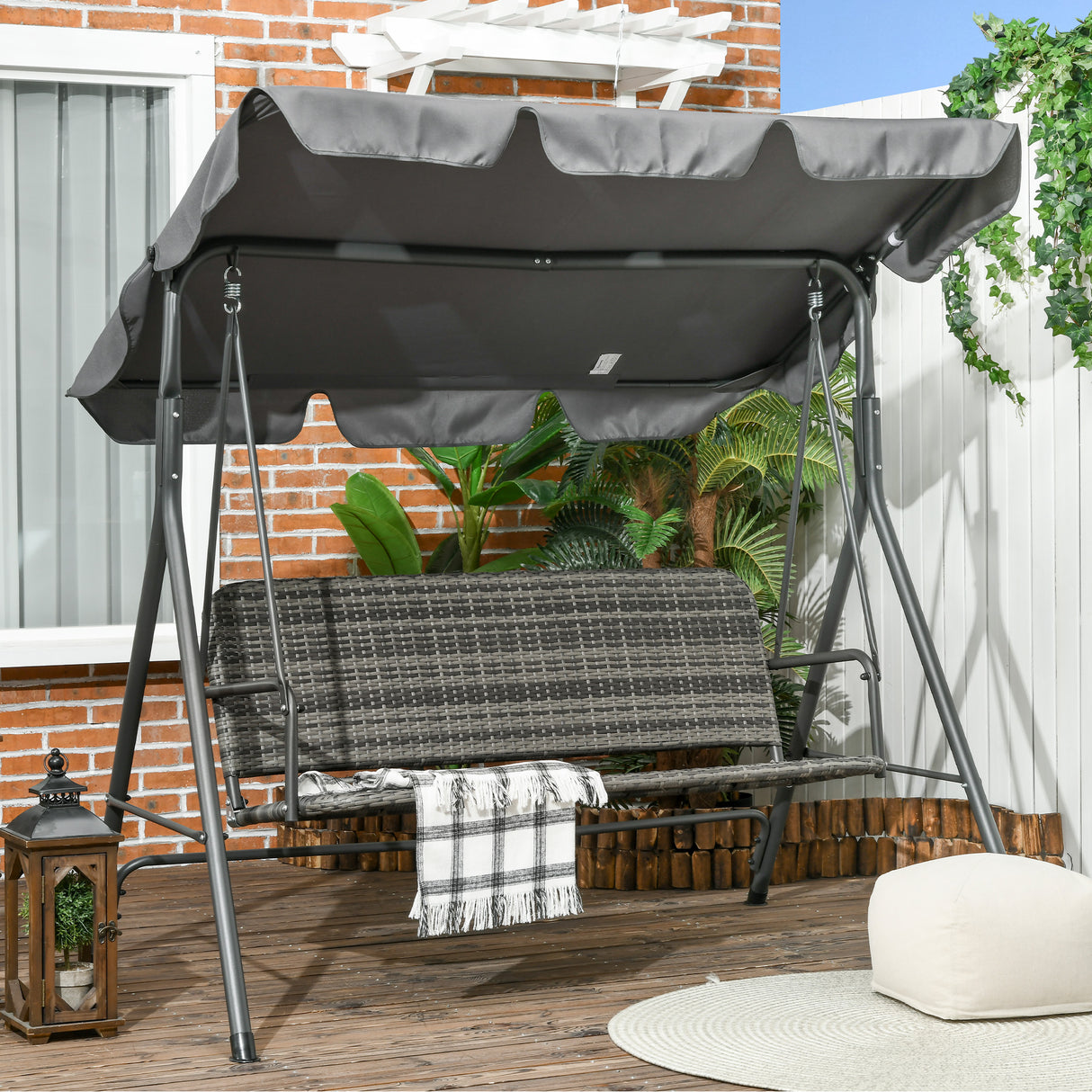 Poly Rattan Patio Wicker 3 Seater Outdoor Swing Chair Bench With Steel Frame - Velmora