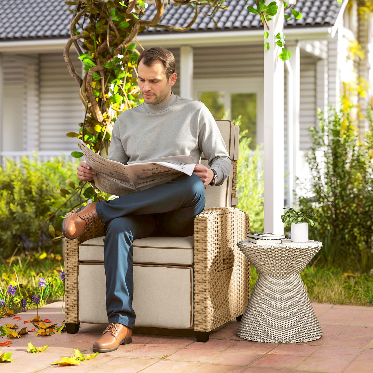 Poly Rattan Reclining Garden Armchair With Footrest - Velmora