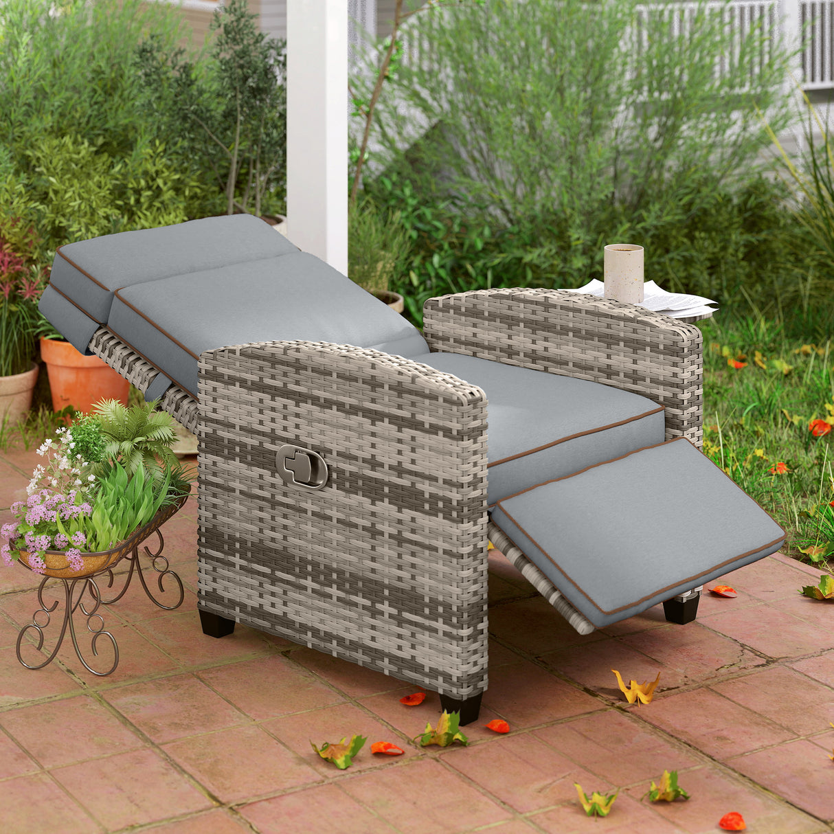 Poly Rattan Reclining Garden Armchair With Footrest - Velmora