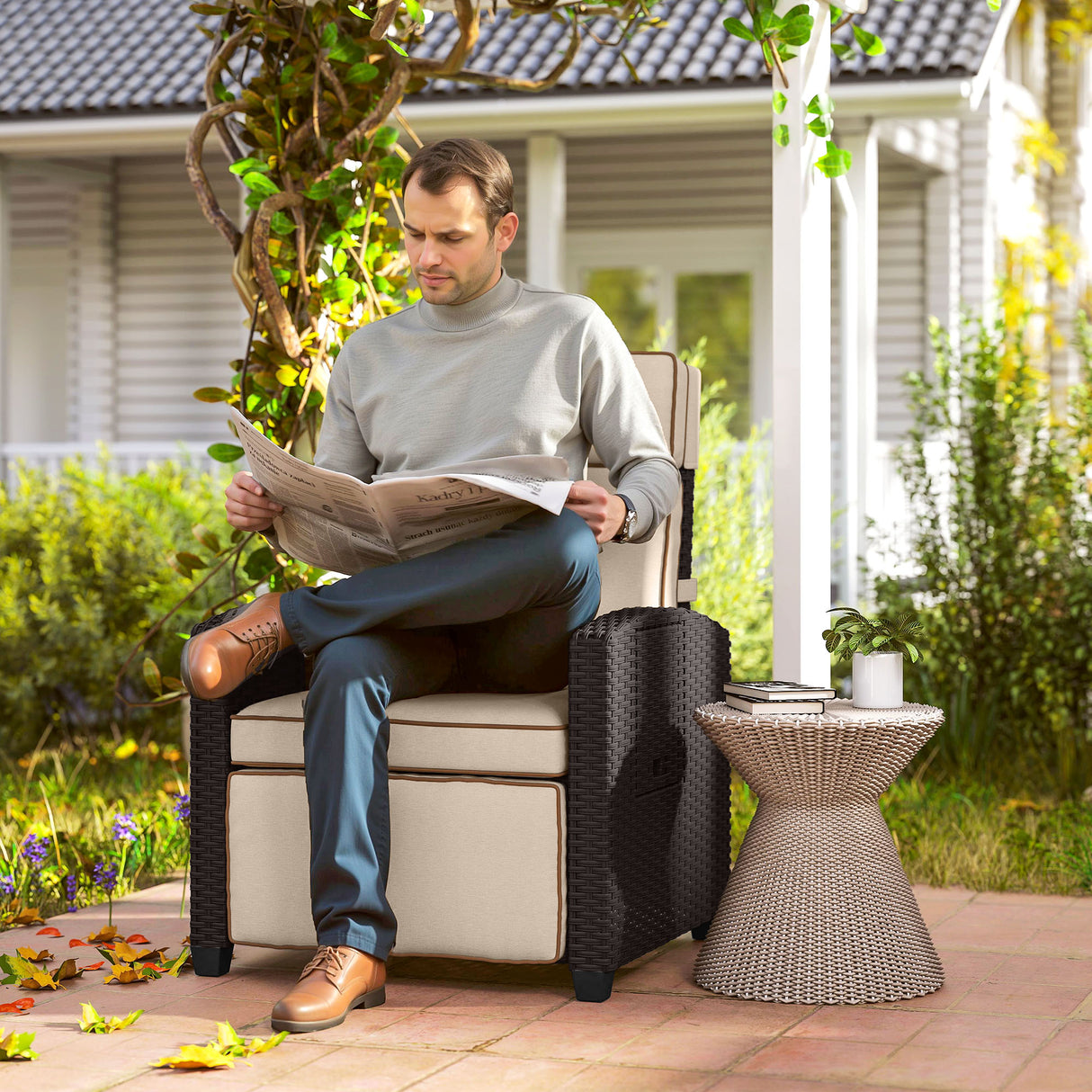 Poly Rattan Reclining Garden Armchair With Footrest - Velmora