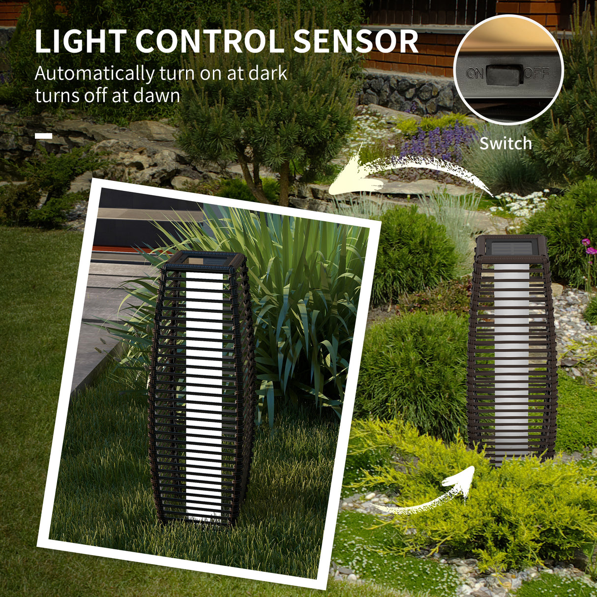 Poly Rattan Solar Powered Garden Lantern 68cm Tall Auto On-Off - Velmora