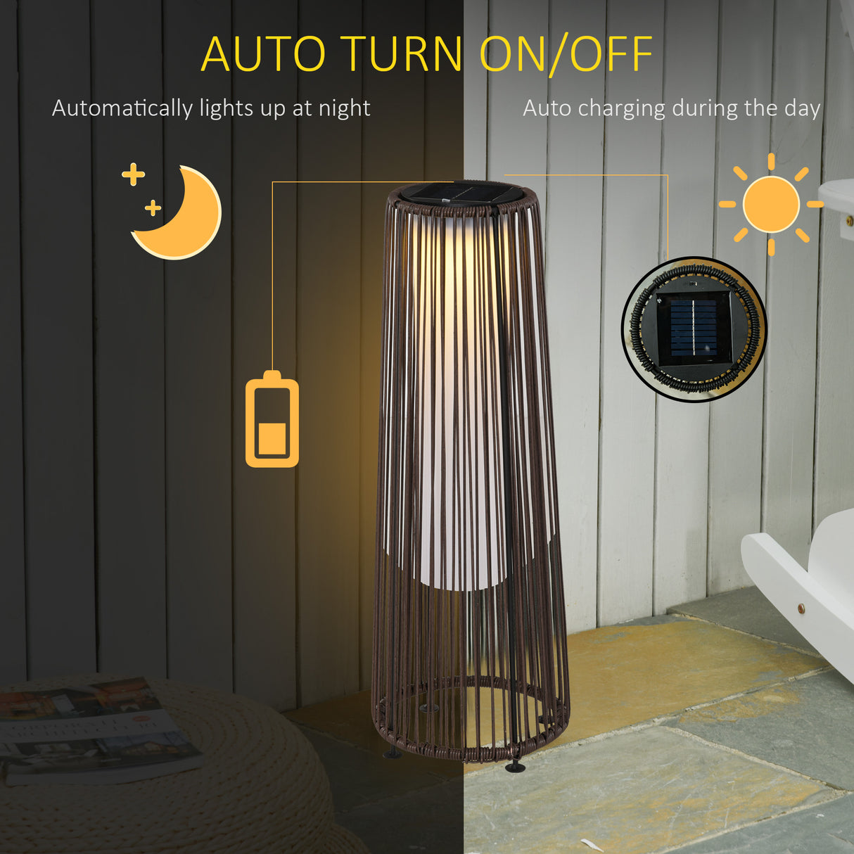 Poly Rattan Solar Powered Lights Woven Resin Wicker Lantern Auto On-Off - Velmora