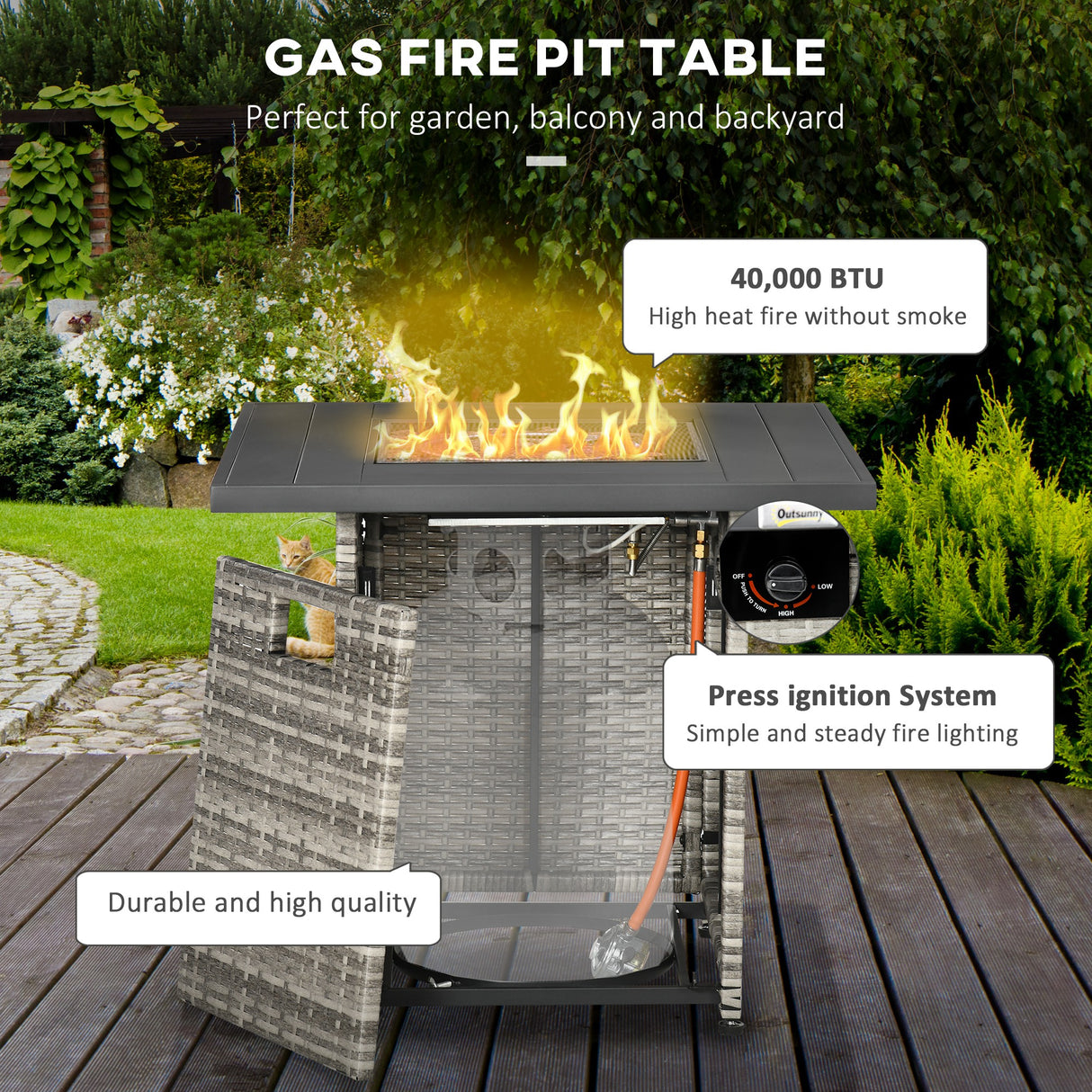 Poly Rattan Square Propane Gas Heater Fire Pit Table With Rain Cover And Mesh Lid - Velmora
