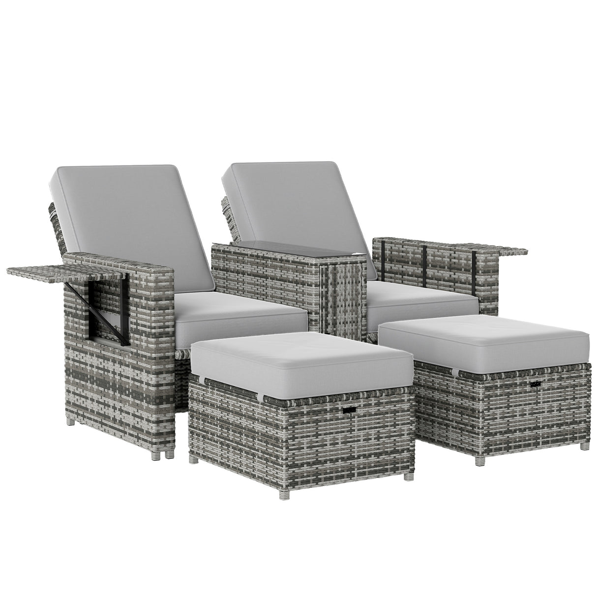 Poly Rattan Sun Lounger in Set 2 With Storage Tea Table And Footstools - Velmora