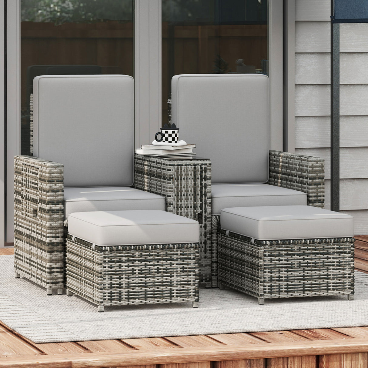 Poly Rattan Sun Lounger in Set 2 With Storage Tea Table And Footstools - Velmora