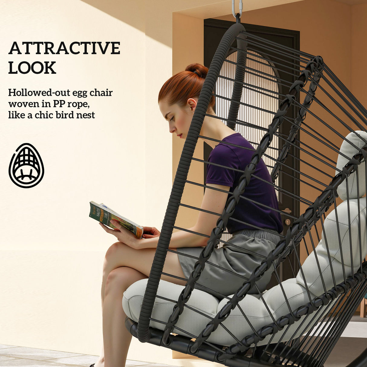 Poly Rattan Swing Chair With Foldable Basket and Cushion - Velmora