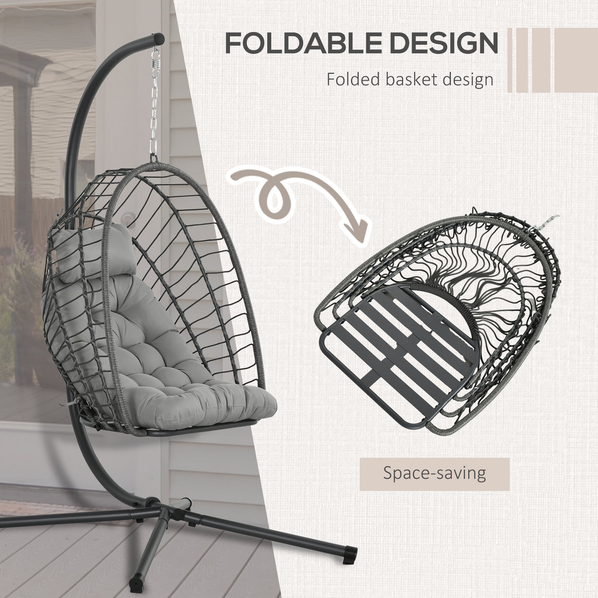 Poly Rattan Swing Chair With Foldable Basket and Cushion - Velmora
