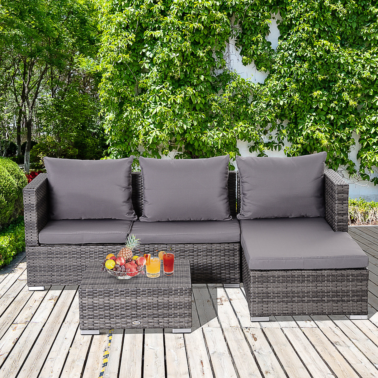 Poly Rattan Wicker 3 Pieces Conversation Chaise Lounge Garden Sofa Set - Velmora