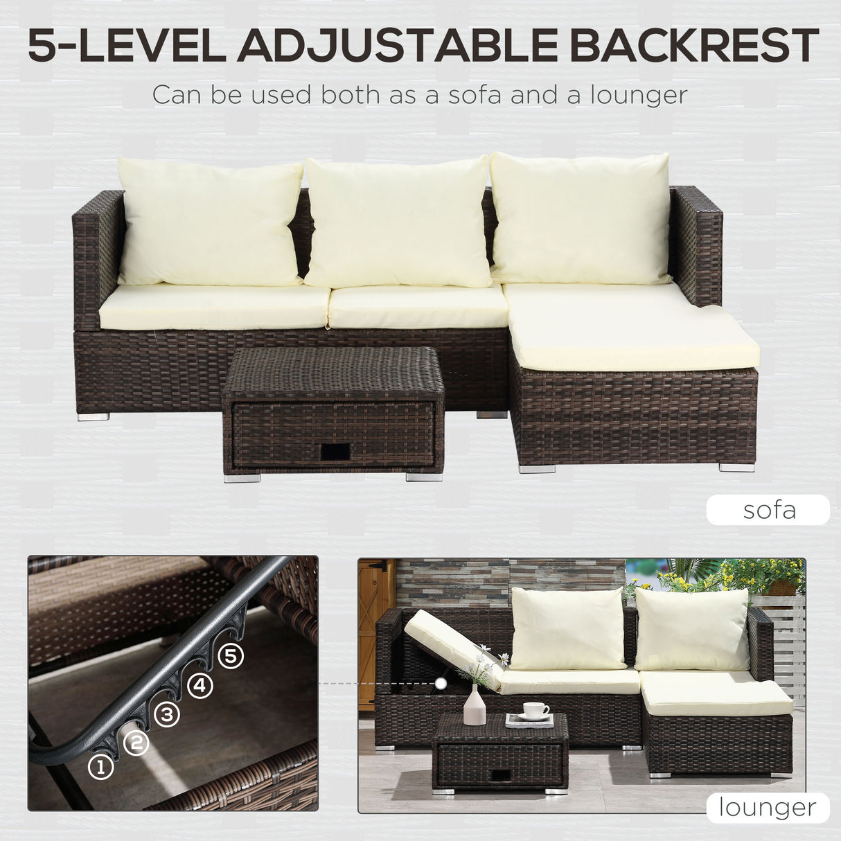 Poly Rattan Wicker 3 Pieces Conversation Chaise Lounge Garden Sofa Set - Velmora