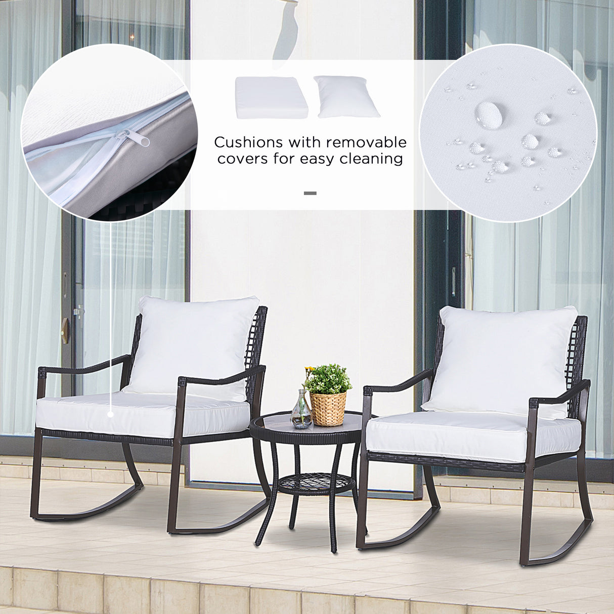 Poly Rattan Wicker 3 Pieces Garden Bistro Set With 2 Rocking Chairs - Velmora