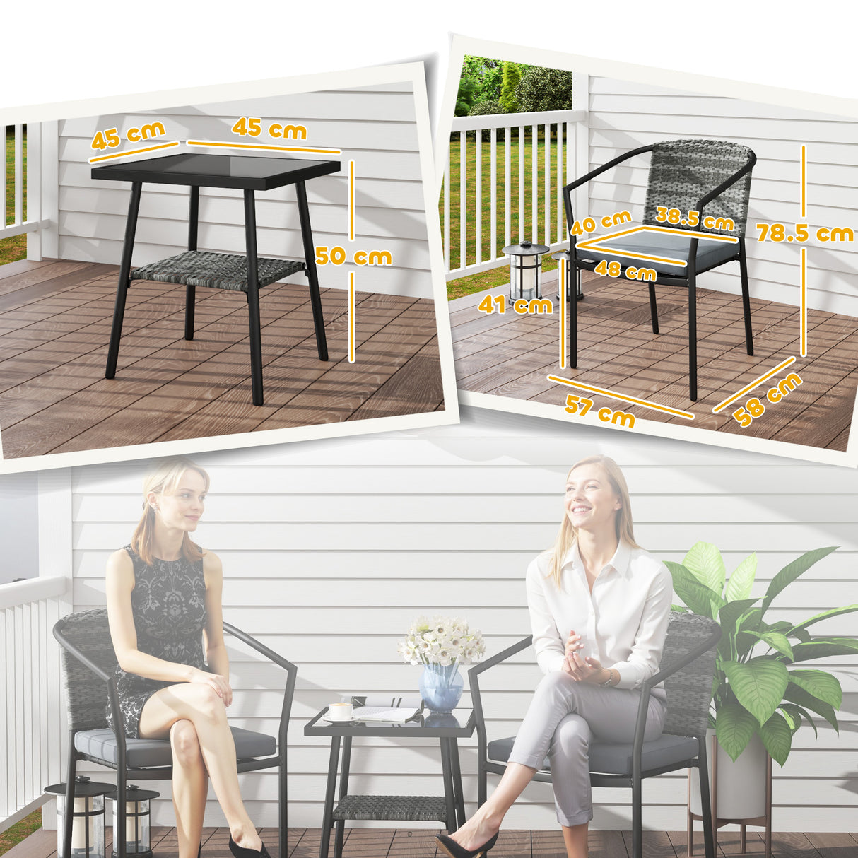 Poly Rattan Wicker 3 Pieces Garden Bistro Set With Cushions And Glass Top Coffee Table - Velmora