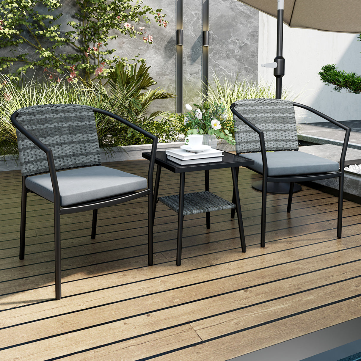Poly Rattan Wicker 3 Pieces Garden Bistro Set With Cushions And Glass Top Coffee Table - Velmora