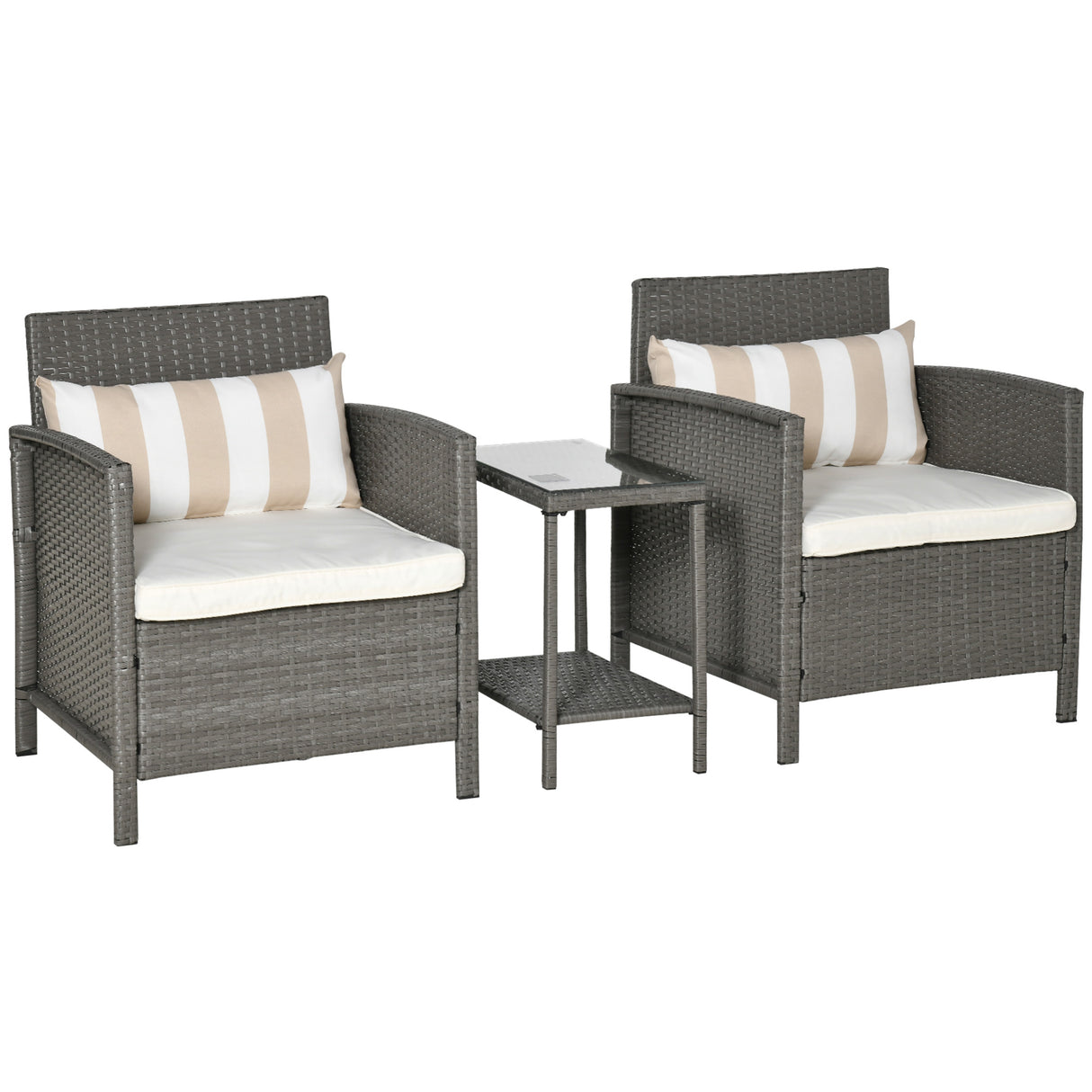 Poly Rattan Wicker 3 Pieces Garden Bistro Set With Glass Top 2-tier Coffee Table - Velmora