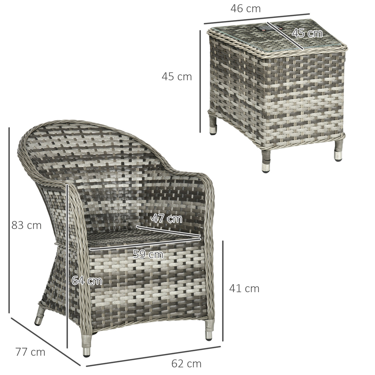 Poly Rattan Wicker 3 Pieces Garden Bistro Set With Glass Top Table - Velmora