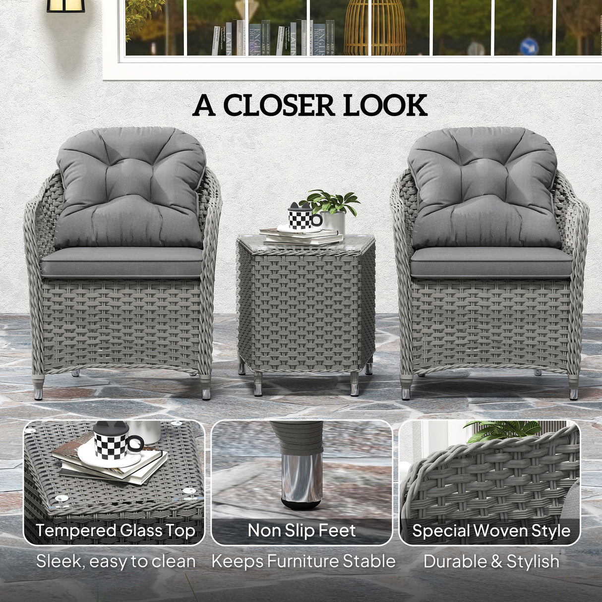 Poly Rattan Wicker 3 Pieces Garden Bistro Set With Glass Top Table - Velmora