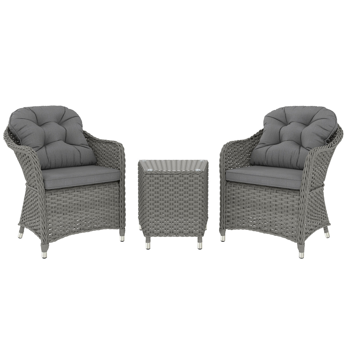Poly Rattan Wicker 3 Pieces Garden Bistro Set With Glass Top Table - Velmora