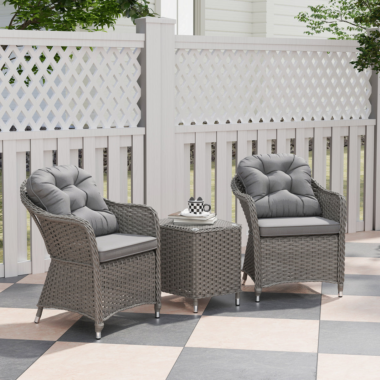 Poly Rattan Wicker 3 Pieces Garden Bistro Set With Glass Top Table - Velmora