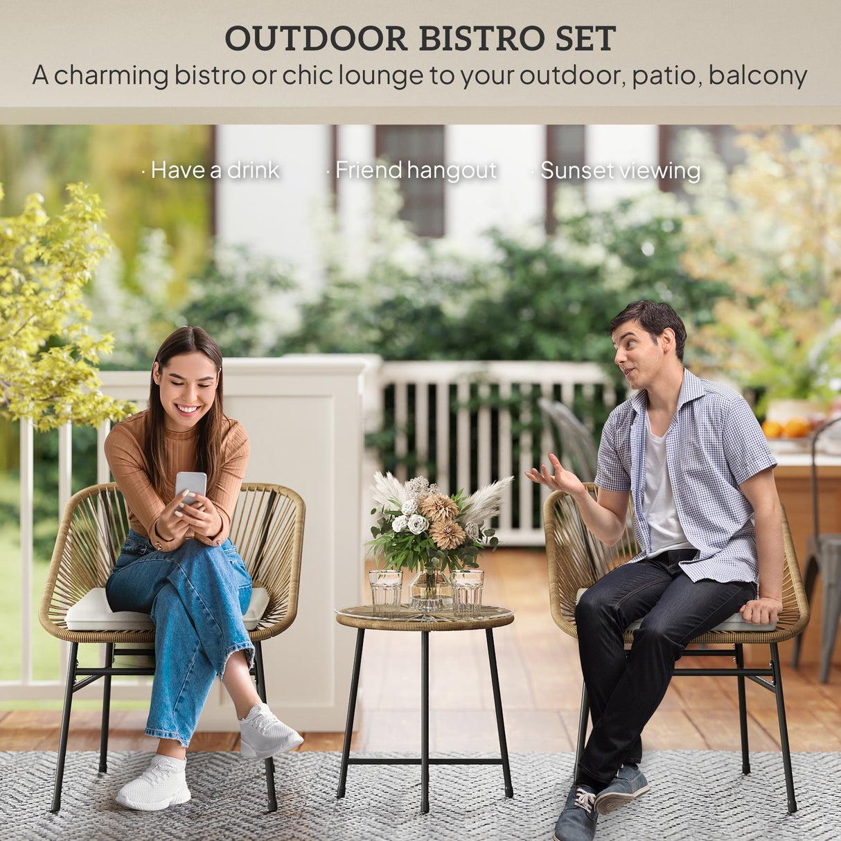 Poly Rattan Wicker 3 Pieces Small Garden Bistro Set - Velmora